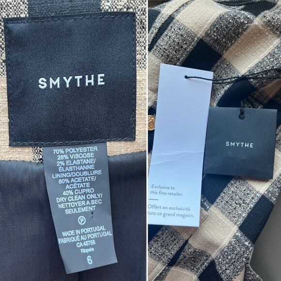 NWT Smythe Duchess Buffalo Check Cutaway Blazer Jacket Beige Black Plaid Size 6 - Picture 3 of 9